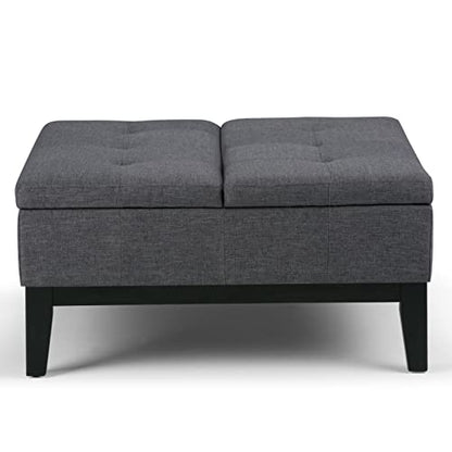 Dover 36 inch Wide Contemporary Square Coffee Table Storage Ottoman in Slate Grey Linen Look Fabric, Assembled, For the Living Room and Bedroom