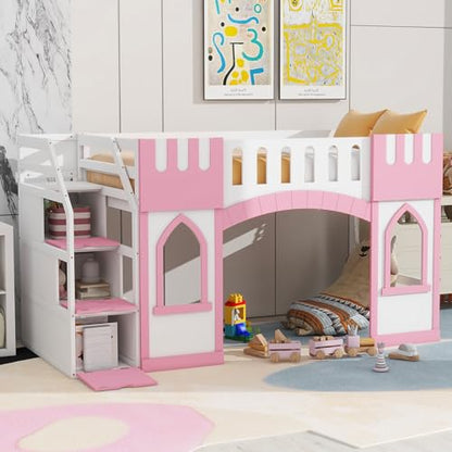 Wood Loft Bed Frame with Storage Stairs, Low Loft Bed with Window and Under-Bed Storage Space for Kids Boys Girls, Box Spring Not Required, Pink(Twin Size)