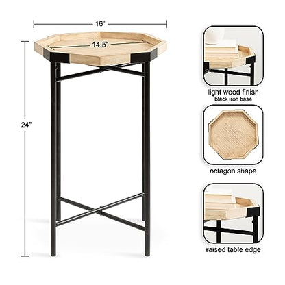 Occonor Two-Tone Octagon Side Table; 16 x 15 x 24; Natural Brown and Black; Transitional Mixed Materials Living Room Table with Resilient Wood and Metal Table Construction