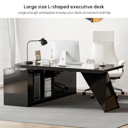 70.9" Modern L-Shape Executive Desk, Home Office Desk with Drawers & Cabinet Modern Computer Desk for Home Business Furniture, Black, Right Hand