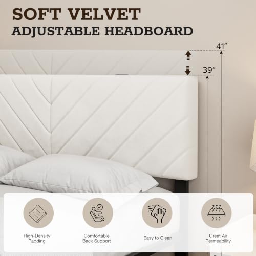 Queen Bed Frame with Adjustable Headboard, White Velvet Upholstered, view 6