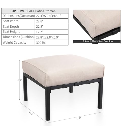Patio Ottoman Metal Foot Stool Outdoor Ottoman with 5.9" Thick Beige Cushion, 22.4" W x 22.4" D x 18.1" H