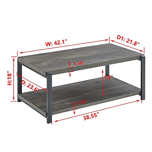 Coffee Table with Storage Shelf, Rustic Wood and Metal Cocktail Table for Living Room, Grey