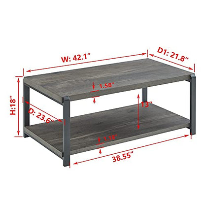Coffee Table with Storage Shelf, Rustic Wood and Metal Cocktail Table for Living Room, Grey