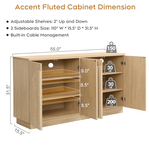 110" Fluted Sideboard Buffet Cabinet with Storage, Credenza, Natural, view 3