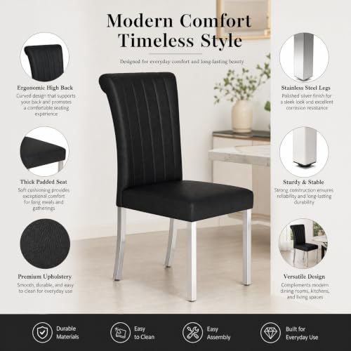 Black and Silver Dining Chairs Set of 2,Leather Upholstered Chairs