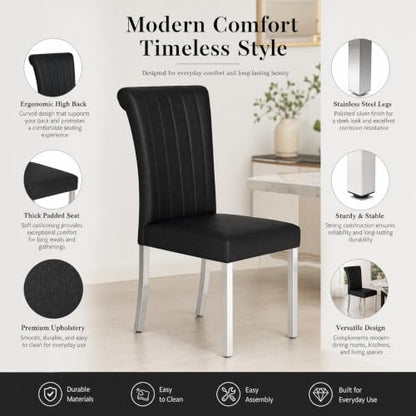 Black and Silver Dining Chairs Set of 2,Leather Upholstered Chairs