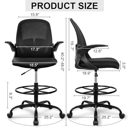 Drafting Chair Tall Office Chair with Flip-up Armrests Executive Ergonomic Computer Standing Desk Chair with Lumbar Support and Adjustable Footrest Ring (Black)