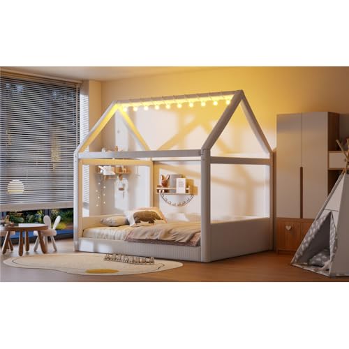 Full Size Upholstered House Daybed with LED Light Strips,Beige