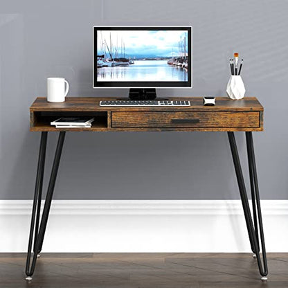 Home Office Computer Hairpin Leg Desk with Drawer, Rustic Brown