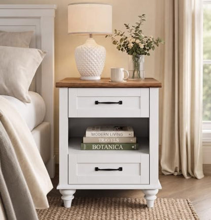 White Side Table with 2 Drawers, Night Stand with Charging Station, view 2