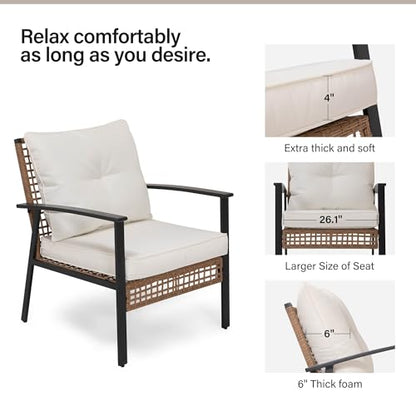 Outdoor Rattan Bistro Set, Patio Furniture Wicker Chairs Set of 2 with Deep Seating and Thick Cushions, Oversize Conversation Set for Garden, Balcony and Backyard (Beige)