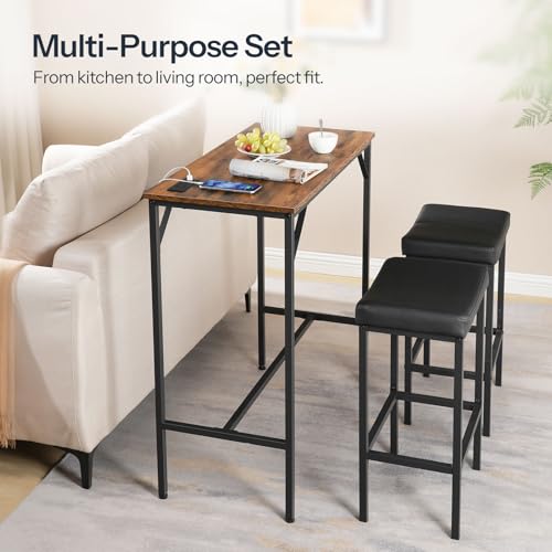 3-Piece Bar Table and Chairs Set, 39.4" Pub Table, High Top Bar Table with Charging Station, 3-Piece Dining Table Kitchen Breakfast Table Set, for Kitchen, Small Space, Rustic Brown BF10UBT01