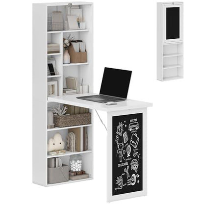Foldable Convertible Writing Table, Wall Mounted Space-Saving Computer Desk with Chalkboard and Storage Shelves for Small Spaces, Home Office, Bedroom, Dorm, Apartment, White