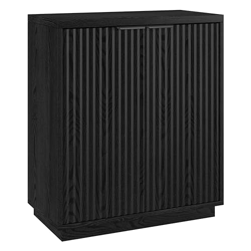 28" Fluted Wooden Accent Cabinet, Ribbed Modern Sideboard Buffet Cabinet with 2 Doors and an Adjustable Shelf for Living Room, Dining Room, Bedroom or Entryway, Natural Black