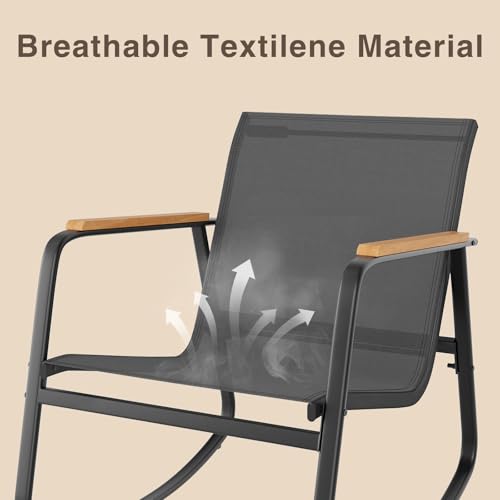 3 Pieces Patio Furniture Set Textilene Fabric Outdoor Patio Rocking Bistro Set with Wooden Armrests and Coffee Table for Lawn, Porch, Balcony, Poolside, Black