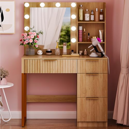34in Fluted Makeup Vanity Desk with Mirror & Lights & Power Outlet, Small Vanity Table w/ 4 Drawers & 2 Storage Shelves,Oak Modern Dressing Table Set Charging Station for Bedroom