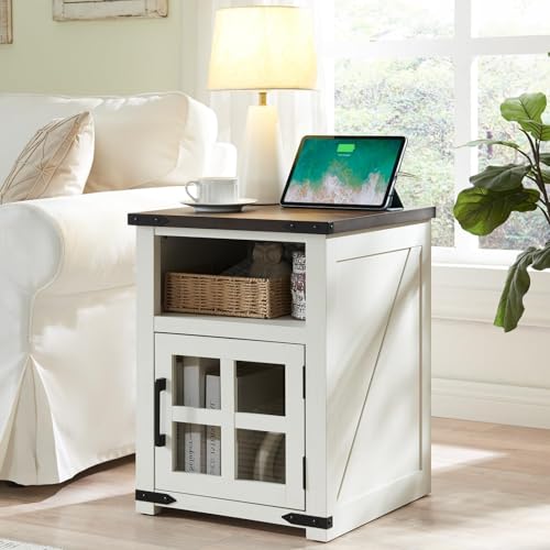 Farmhouse Nightstand with Charging Station, Rustic End Table with Tempered Glass Barn Door, Wood Sofa Side Bedside Table with Open Storage Shelf for Living Room, Bedroom, White