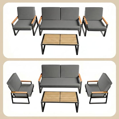 4-Piece Outdoor Patio Furniture Set with Coffee Table and Removable Cushions, Metal Patio Conversation Set for Family, Yard, Poolside (Gray)