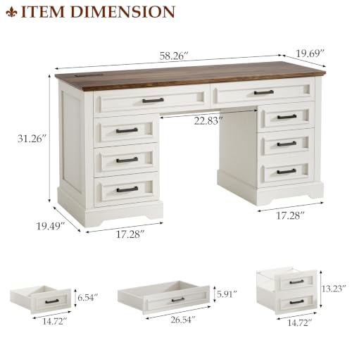 58" Executive Desk with 7 Drawers, Large Computer Desk with Charging Station, view 3