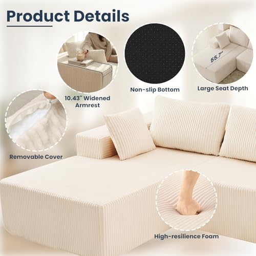 105" Modular Sectional Boneless Couch, Left Chaise L-Shaped Couch, view 5