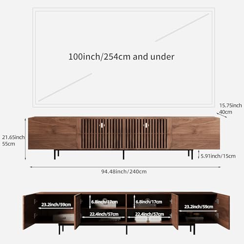 94.48" Mid Century Modern TV Stand for TVs up to 70"-90",Tv Console with 4 Storage Cabinets, Media Furniture for Living Room or Bedroom,Walnut