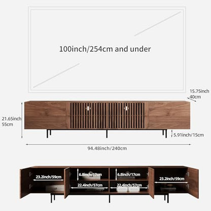 94.48" Mid Century Modern TV Stand for TVs up to 70"-90",Tv Console with 4 Storage Cabinets, Media Furniture for Living Room or Bedroom,Walnut