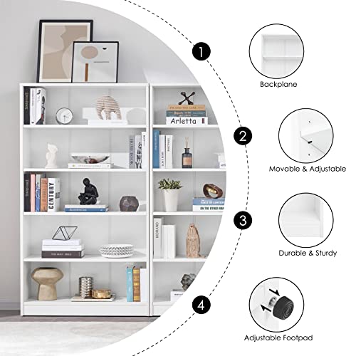 White Bookshelf for Bedroom 5 Shelf Office Bookcase 60 Inches Tall Modern Wood Bookshelf for Living Room 5 Tier Wide Manga Bookshelf Library Bookcase