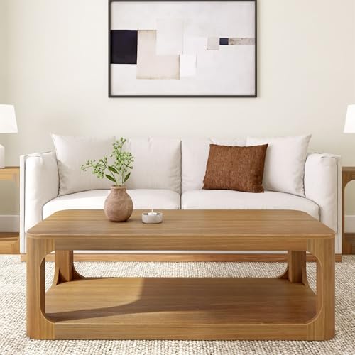 Forma Coffee Table, 54 Inch Modern Coffee Table with Shelf, Contemporary Center Table with Storage Space, Rectangle Tea Table with Storage, Pecan