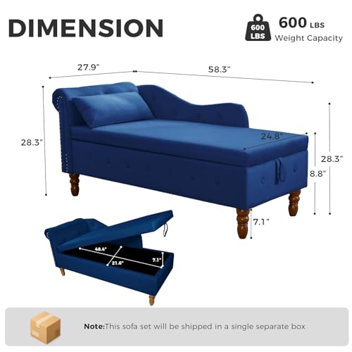 Velvet Chaise Lounge Indoor with Storage,Lounge Chair Sofa,Blue, view 3