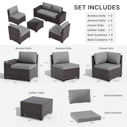 6 Pieces Patio Furniture Set with 1 Coffee Table, 5 Seater Rattan Outdoor Sectional with Wide Armrests 29.5'' High Backrest Thick Waterproof Cushions, Conversation Sets for Deck Garden Gray