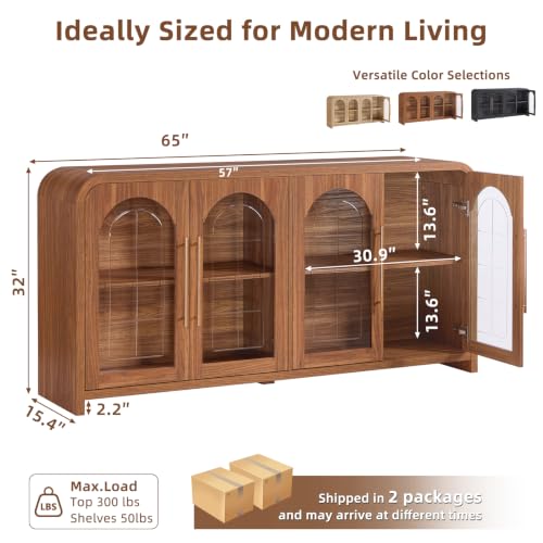 65" Sideboard Buffet Cabinet with Arched Glass Doors, Brown, view 3