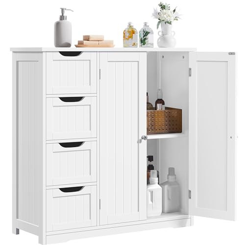 Yaheetech Wooden Bathroom Floor Cabinet, Side Storage Organizer Cabinet with 4 Drawers & Double Doors, Freestanding Entryway Storage Unit Console Table, Bathroom Furniture Home Decor, White