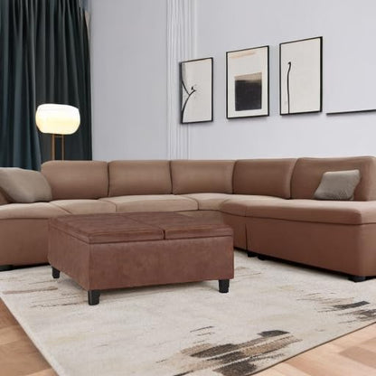 Ellis 36 inch Wide Contemporary Square Coffee Table Storage Ottoman in Distressed Saddle Brown Vegan Faux Leather, Assembled, For the Living Room and Bedroom