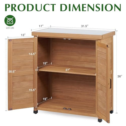 Outdoor Storage Cabinet & Potting Bench Table with Metal Top, Wooden Patio Furniture, Garden Workstation (Light Brwon, 36x31x17in)