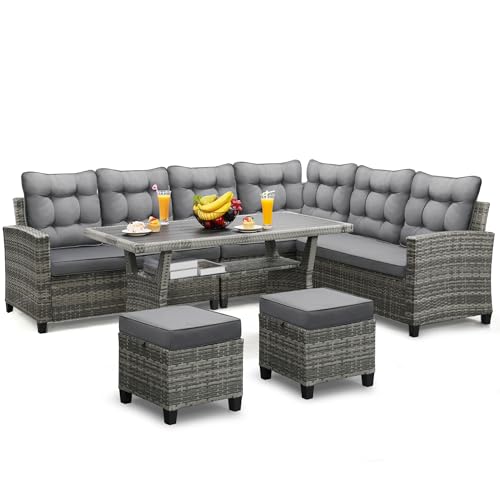 6 Piece Patio Furniture Set, Dining and Conversation Set, Grey | UV Treated Wicker, Machine Washable Cushions, Seats 7, 2 Ottomans, 3 Sofa Section, Dining Table, Rustproof Frame