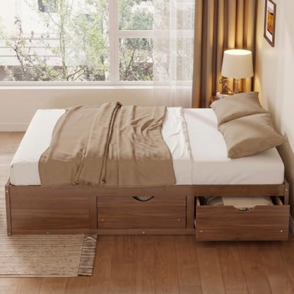 JIVOIT Queen Size Solid Wood Storage Platform Bed with 6 Drawers, Pine Wood Bed (Light Walnut-Queen,7)