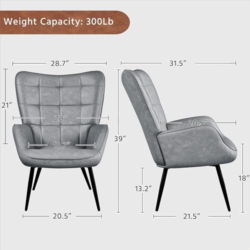 Yaheetech Accent Chairs, Large PU Leather High-Back Chair w/Metal Legs, Pottery Barn Style Living Room Chairs for Bedroom/Home Office, Gray