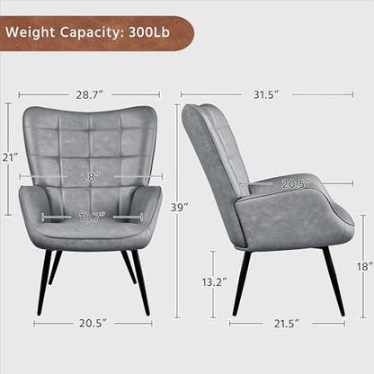 Yaheetech Accent Chairs, Large PU Leather High-Back Chair w/Metal Legs, Pottery Barn Style Living Room Chairs for Bedroom/Home Office, Gray