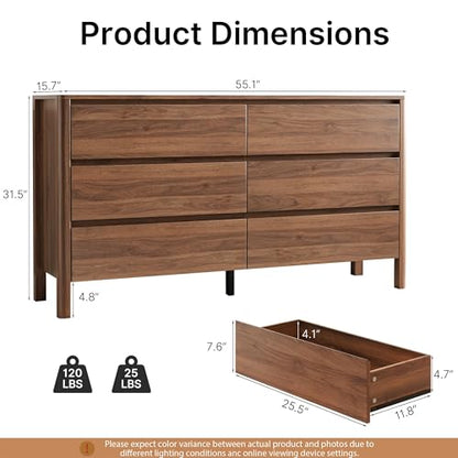 Walnut 6 Drawer Dresser for Bedroom, 55"Wide Modern Wood Dresser, view 3