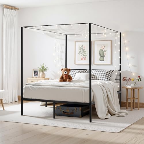 Canopy Bed Frame Queen Size, Metal Canopy Bed with Four Posters Design, view 3