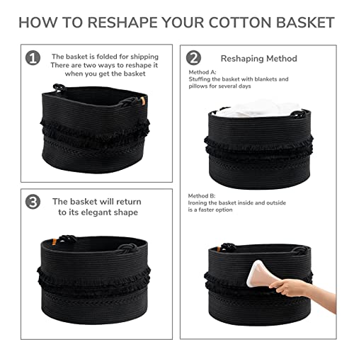 Large Blanket Basket Living Room, Laundry Basket With Tassel, 90L | Woven Storage Basket for Toys, Clothes & Pillows Storage，Bedroom Nursery Décor, Laundry Hamper With Handles, Black