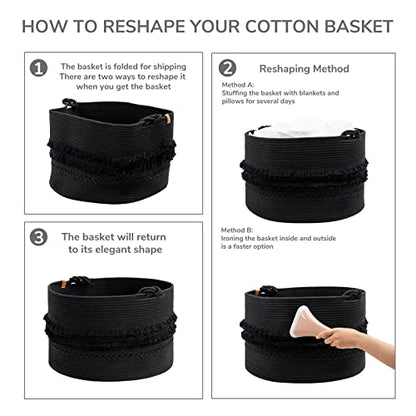 Large Blanket Basket Living Room, Laundry Basket With Tassel, 90L | Woven Storage Basket for Toys, Clothes & Pillows Storage，Bedroom Nursery Décor, Laundry Hamper With Handles, Black