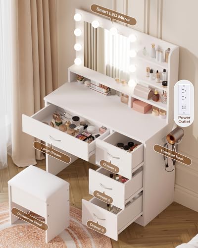 White Makeup Vanity Desk with Charging Station & 4 Drawers, view 7