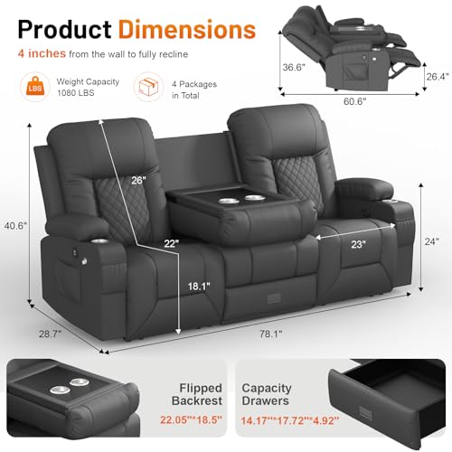 Loveseat Recliner Sofa, 3 Seater Dual Reclining Sofa with Flip Back Console, Modern PU Leather Loveseat Couch for Living Room/RV, with Storage, USB Ports, Cup Holder, Cell Phone Holder, Gray