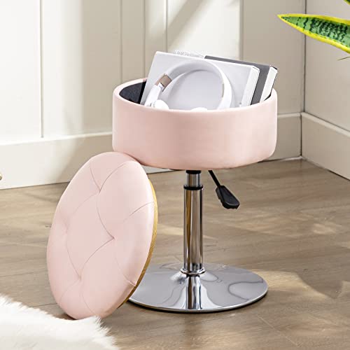 360°Swivel Vanity Stool Chair for Makeup Room, Height Adjustable Stool for Vanity with Storage, Small Pink Faux Leather for Bathroom, Living Room