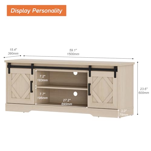 23.6"H Farmhouse TV Stand for 65" TV with Barn Doors& Hidden Storage | 59.1" W Rustic Country-Style TV Cabinet with Smooth Barn Door Slides,Holds 100+ CDs,Height-Adjustable Media Shelf