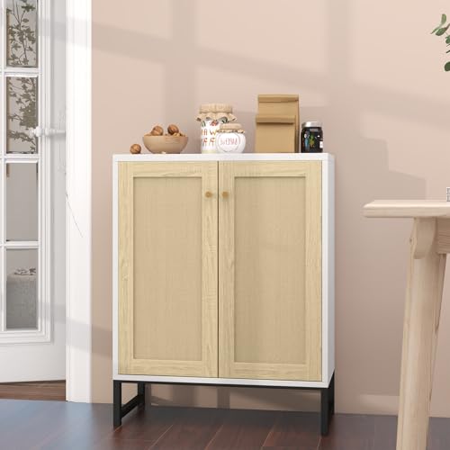 Rattan Decorated 2 Doors Storage Cabinet Accent Cabinet Living Room Cupboard Kitchen Sideboard Buffet Table (White)