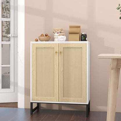Rattan Decorated 2 Doors Storage Cabinet Accent Cabinet Living Room Cupboard Kitchen Sideboard Buffet Table (White)