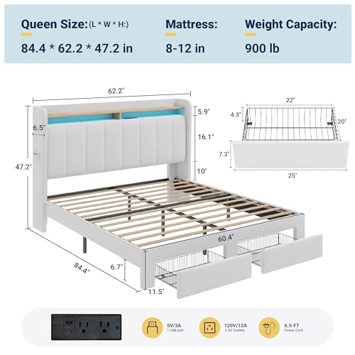 Queen Bed Frame with 2-Tier Storage Headboard & 2 Large Drawers, view 3